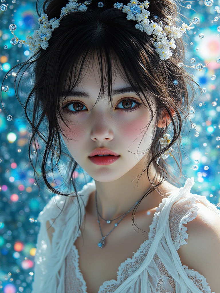 8k,Confused, High resolution, Very detailed, 1 girl, alone, Very beautiful eyes, Ultra-precise depiction, artistic、Very detailed depiction, (Tangled:1.2), , (White high key background:1.5), (((Black Lace Dress 1.5))), 、 short hair、Earrings and Necklaces、Platinum Blonde Hair, (Glowing Skin), Many colors, , (Shooting from above:1.2),、Flat Body、slim、cute、、Round face、Cast a Shadow、、Smile 1.3