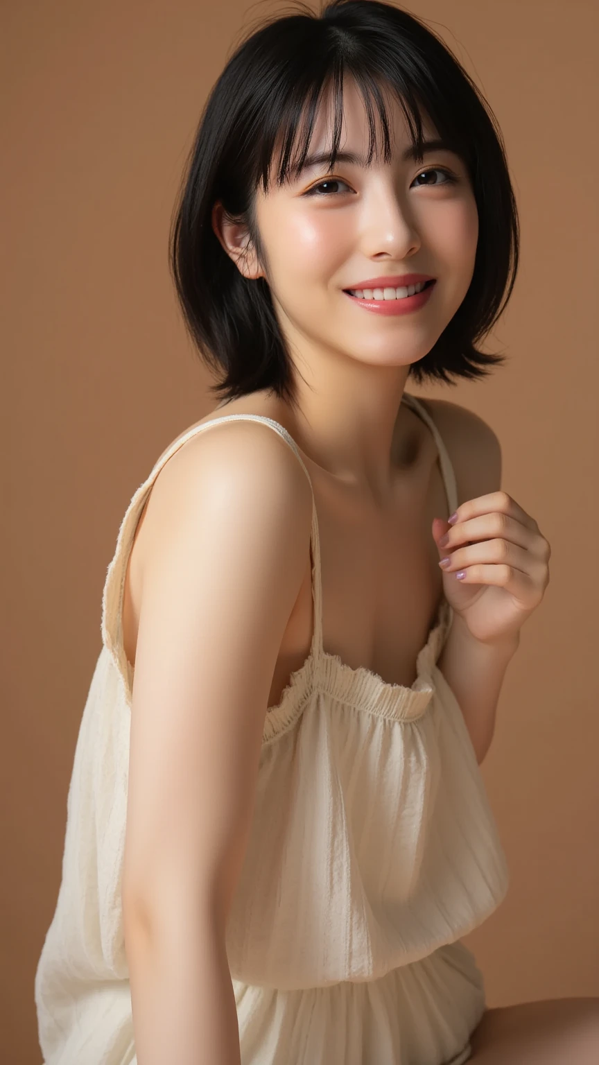best quality, masterpiece, ultra high resolution, (lifelike:1.5), original photo, 1 girl nude, Off the shoulders, in the darkness, deep shadow, low profile, cold light, sexy look, short hair, big breasts, full-body shot, charming smile
