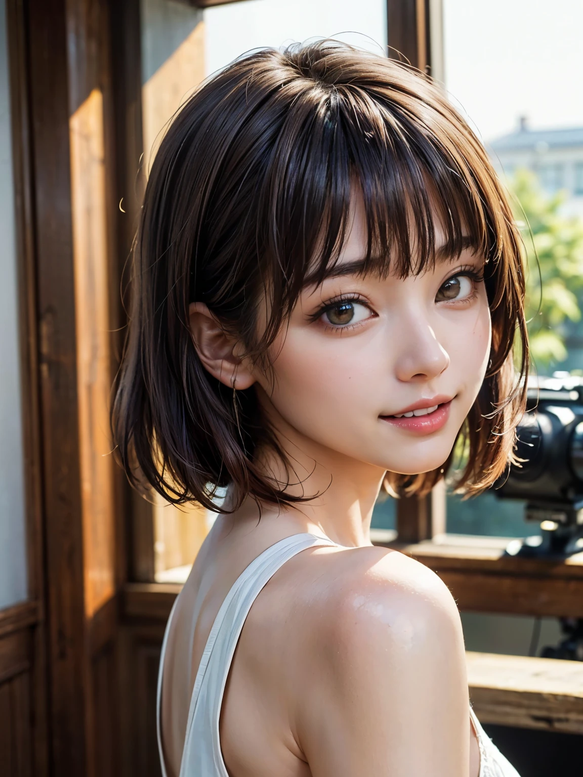 (8k, RAW Photos, highest quality, masterpiece, Realistic, Realistic), (1 female), (Ultimate beauty), Highly detailed face, (Perfect Teeth), Beautiful Eyes, double eyelid, eyelash, smile, Lip details, Brunette Bob, The light shines on your face, Big Breasts, ((T-Shirts)), (Tight mini skirt), (background: garden), ((Written boundary depth))