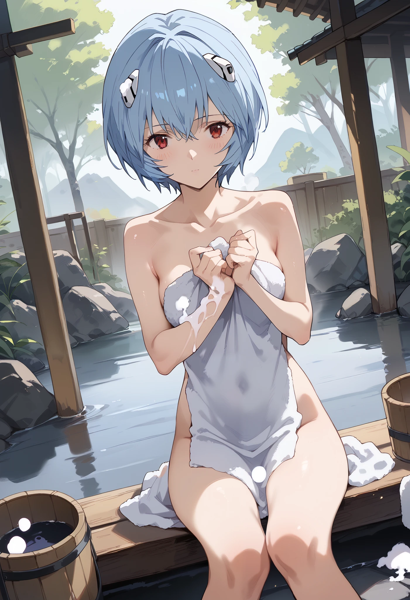 NSFW,masterpiece,Highest quality,High resolution,Super detailed,Sinon\(Sword Art Online\),nude,bath towel,Embarrassed,expectant face,smile,blush,hot spring,Open-air bath,mixed bathing