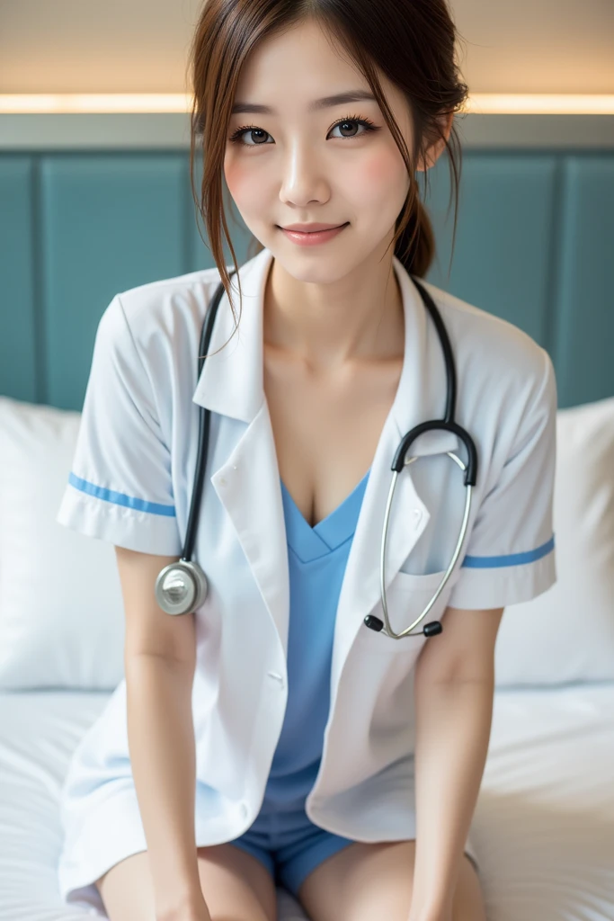 (masterpiece:1.3)、Very nice finish、(High resolution、8k:1.3)、(Highest quality)、(Ultra-realistic as a photo:1.3)、Professional Portrait、Professional Writing、Correct limbs、Anatomically correct, Perfect Proportions、The face is in focus、Face close-up、超High resolutionの顔、The face is in focus、Ultra high definition and beautiful eyes、(Concentrated eyes、Eyes that are not too big、Eyes are symmetrical:1.3)、High quality and beautiful skin、Firm Skin、Ultra HD Hair Texture、Japanese women、Age 27、very cute, Half Up:1.3, nurse、nurse break (White nursing uniform、white nurse uniform:1.3),Rest rooms, (Embarrassing:1.3), (blush:1.3), Mr...々Shooting angle:1.3, View your audience, Browsing Caution, (All fours pose:1.3)、Dangerous poses、Open your mouth a little、Center of chest