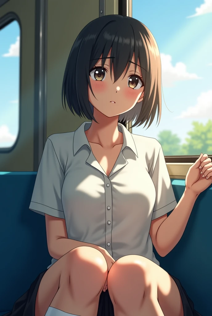 Nsfw,1girl,Kyoto animation,highest quality, High resolution, unity 8k wallpaper, (figure:0.8), (detailed and beautiful eyes:1.6), highly detailed face, perfect lighting, Highly detailed CG, (perfect hands, perfect ???????),masterpiece,High resolution,perfect ???????,anime key visual,detailed and beautiful eyes,highest quality,unity 8k wallpaper,super dense skin,white skin,best quality, | fine detail anime, Smooth anime CG art, Also, clean detailed anime art, Makoto Shinka, Official high detail art, Makoto, official artwork, official artwork, Highly detailed exquisite fan art, marin kitagawa fanart, Zerochan Art, anime cover, seductive anime girl, (((white shirt,denim’s very short tight skirt , embarrassed,???????,white lace panties,sitting train seat , right hand pointing at viewer ,left hand crotch grab,looking at viewer,