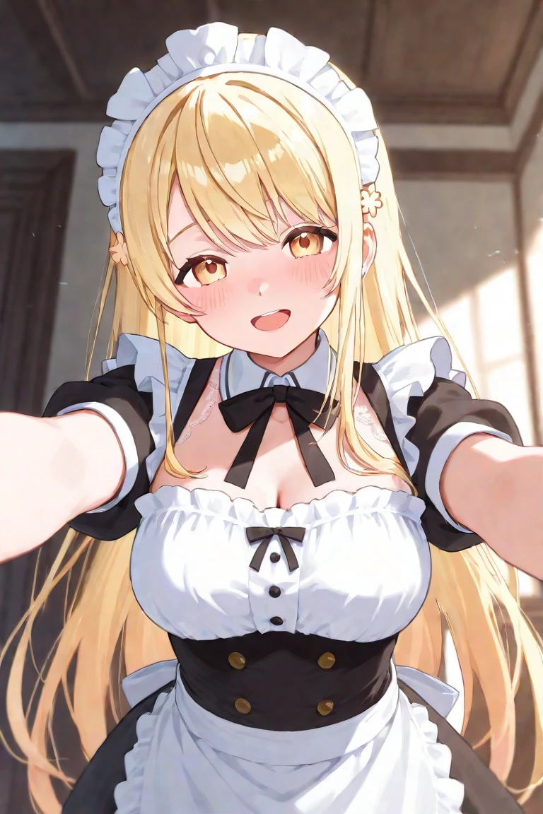 cleavage, tall body, tall, long legs, mature female, mature, adult, EFT_Konsuba_Darkness, 1girl, darkness (konosuba), breasts, blush, long hair, solo, blonde hair, large breasts, open mouth, looking at viewer, collarbone, indoors, upper body, anime coloring, hair between eyes, aqua (konosuba), holding, window, blue eyes, bangs