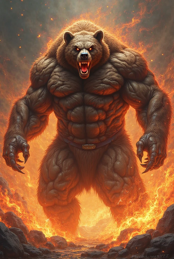 (extremely detailed CG unity 8k wallpaper, masterpiece, best quality, ultra-detailed), best lighting, best shadow (a very strong, giant, muscular humanoid bear wearing battle armor), fierce expression, sharp claws, wild nature, cave entrance, bright fire, heavy smoke, volumetric light.