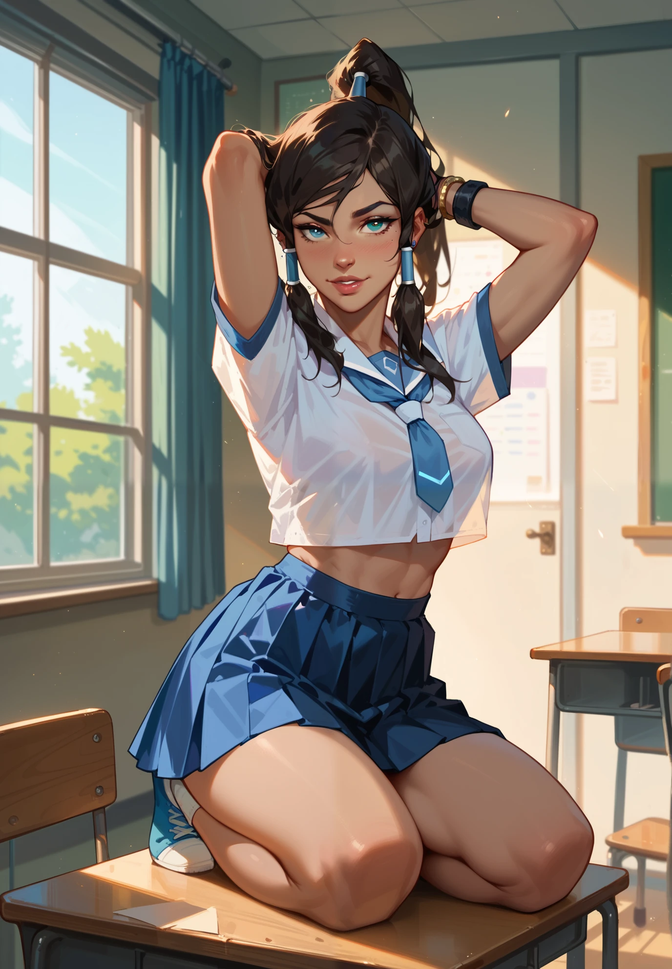 1girl, solo, sexy display, Korra, schoolgirl cosplay, seductive atmosphere, kneeling on a desk, arms up playing with hair, seduction, piercings, bracelets, BREAK, classroom, cinematic lighting,