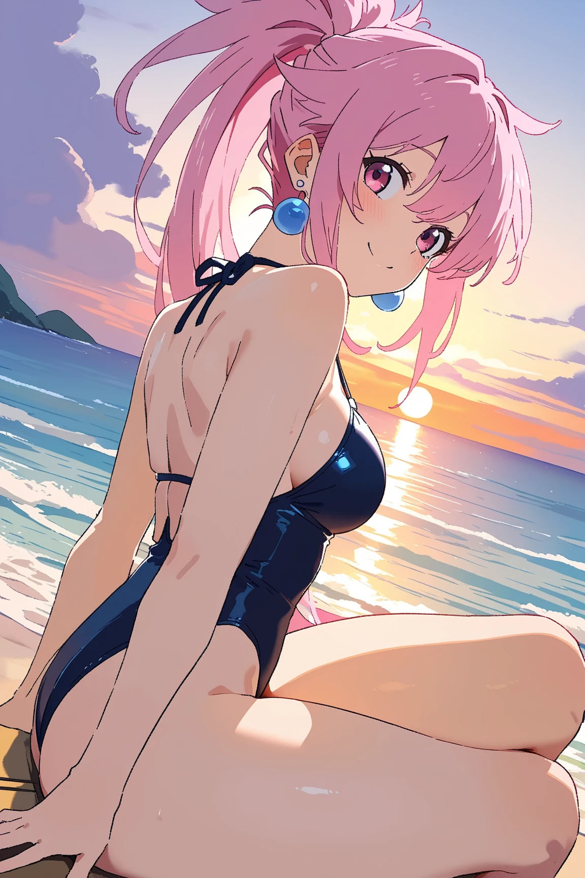 (anime-style cute face)、Hatsune Miku,最high quality, ((Sharp details)), (8k, RAW Photos, 最high quality, masterpiece), (looking at the camera),Cute Smile、Very big eyes、anatomically correct body、Big thighs、Muscular woman、The face is bright、Professional Lighting、Cute little breasts、Emphasis on the chest、(Pink and white long sleeve surf suit:0.6、Belly button、Nipples erect、Female organ、slit:1.6、Cute frills:2.0)、(black and pink spats:1.5)、high quality,High resolution,16K,Sharp lines,1 girl,Playing with a swim ring、Summer beach backlit