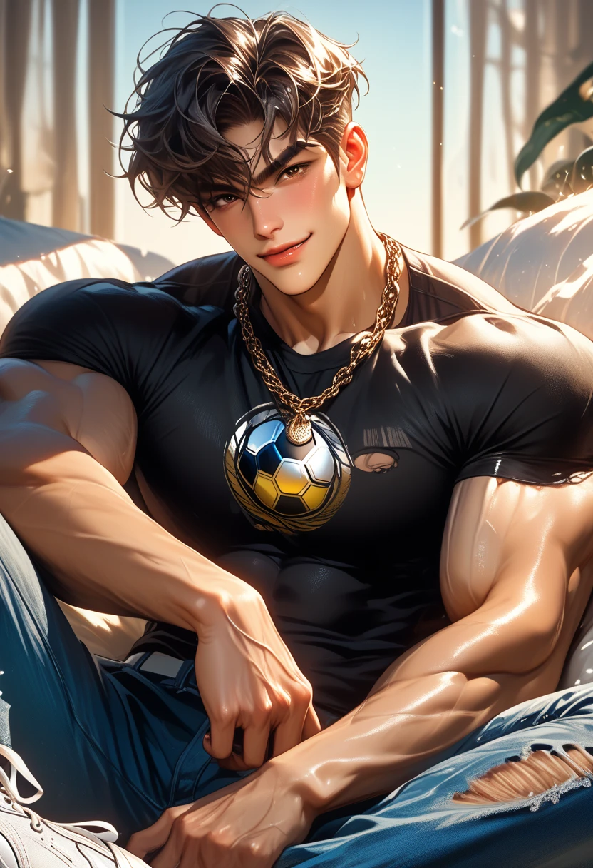 (8K, RAW photos, Highest quality) masterpiece, 1 male, 18 years old, bee man, black hair, good body, has skin like a bee, black and yellow mottled skin. Body covered in honey. has bee antennae on the head, has bee wings. ,Asian muscular man, sweet smile, outlines his big, muscular breasts, sexy six pack. Show the whole body, naked ((genitals covered with a yellow scarf) (. sitting pose, in a pile of honeycomb.