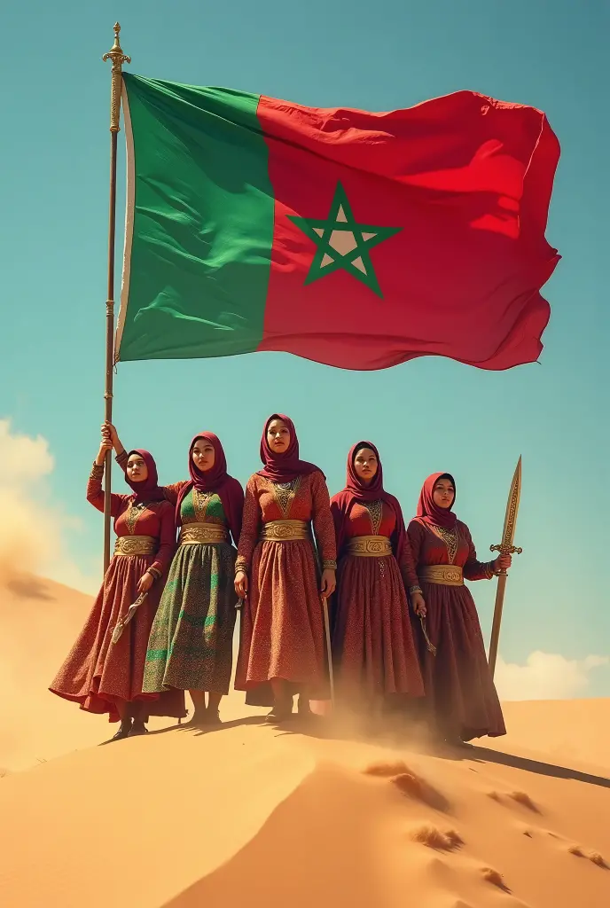 Un groupe de femmes du désert portant le drapeau marocain sur une colline de sable du désert, des épées à la main, tandis que l'ennemi fuit effrayé.