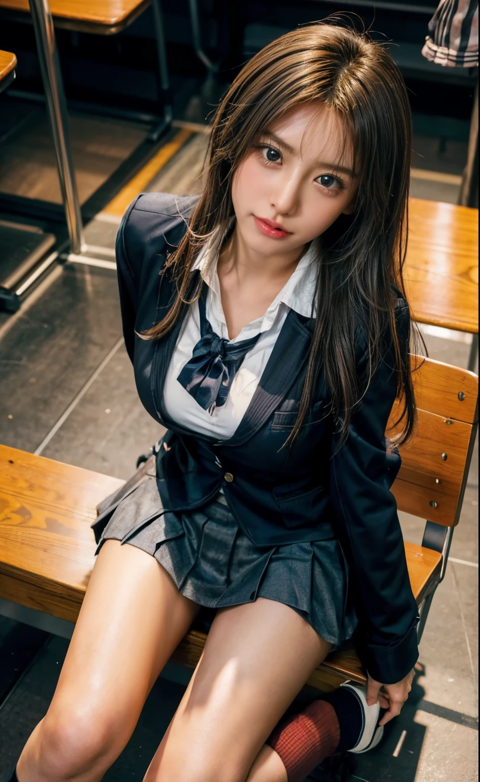 masterpiece, high school girl、( school uniform:1.5)、(I can see her panties:1.5)、 (Huge big breasts are emphasized)、navy high socks、 Panchira,Put on your shoes、sit in a chair that emphasizes your huge big breasts and open your legs、(Bright School Classroom:1.5) viewer, reality, Full Body Lesbian, radical, expensive, RAW Highly detailed, ahegao, Big Breasts, SEXUAL EXCITEMENT, sexual expression, blazer from above the bar、thick legs