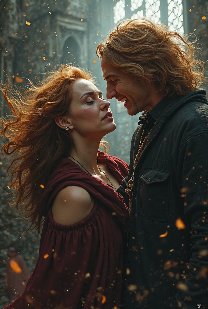 A woman with wavy brown hair and blue eyes pointing her wand at a man with his back turned, her gaze showing suffering. Don't focus on the man's face