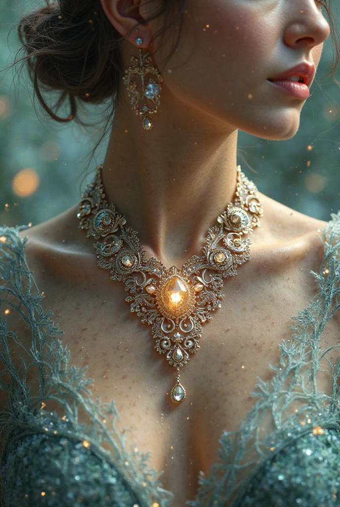 extreme close-up of a woman's neckline, perfect body, beautiful perfect breasts, neck necklace going deep into neckline, most expensive necklace in the world, beautifully sculpted, precise details, photorealistic, 8k, high quality, high detail, intricate details, hyper realistic, photography, dramatic lighting, chiaroscuro, cinematic composition, volumetric lighting, stunning realism