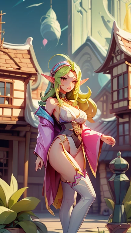 Highest quality、super high quality、16K, Delicious breasts、topless、Facial expressions are random、Location: Fantasy Village、 hair color is pink、The pose is with both hands raised、The distance is random、The angle is from the top、Small face、Very delicate facial expressions、Delicate eye depiction、Highly detailed hair、Erotic、18-year-old female、Glowing Skin、Soft Skin、Only Sexy Elf Women、The clothes are elven clothes, white clothes、1 female、