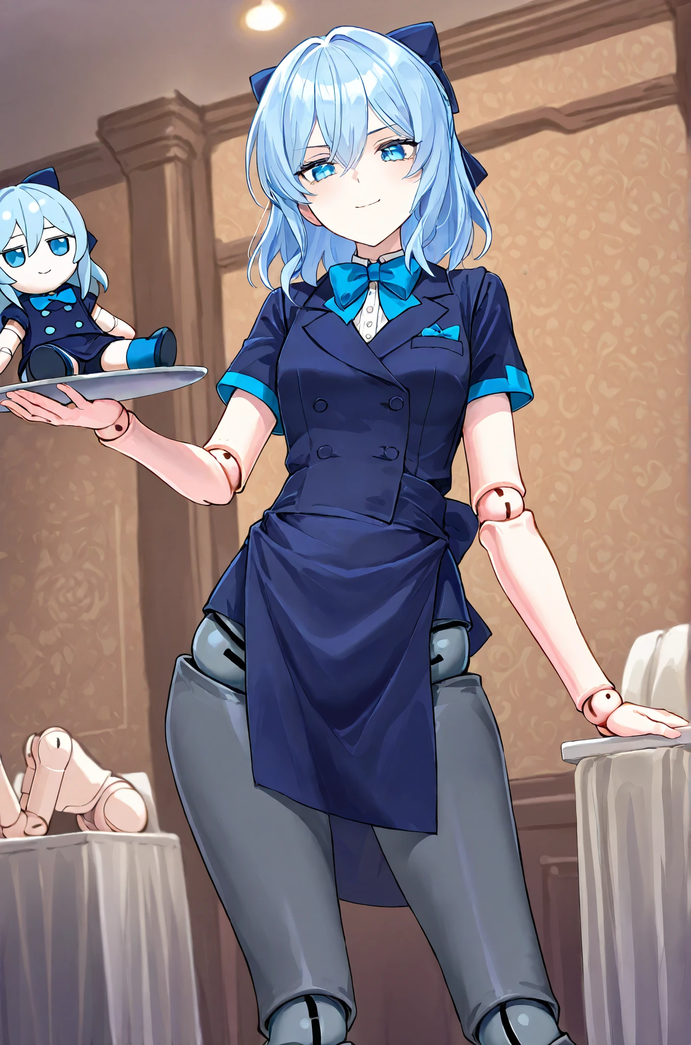 girl doll, Blue waiter clothes with bow tie, Dark grey pants, short light blue hair, 1 girl, (one) , doll joints, hips,(kind face), doll joints того же цвета что и одежда.
