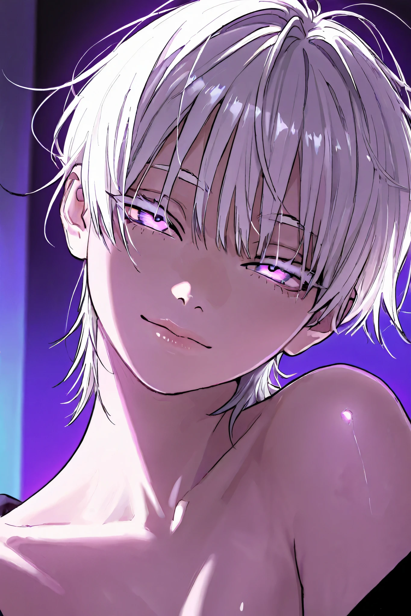 1 girl, tomboy, beautiful face, short hair, messy hair, straight hair, white hair, glowing purple eyes, reddish lips, slight smile, very bright skin, white eyelashes, thin eyebrows, white eyebrows, seductive eyes, neon purple lighting, shading, detailed, masterpiece, full face, head tilt slightly, looking up at viewer, masterpiece