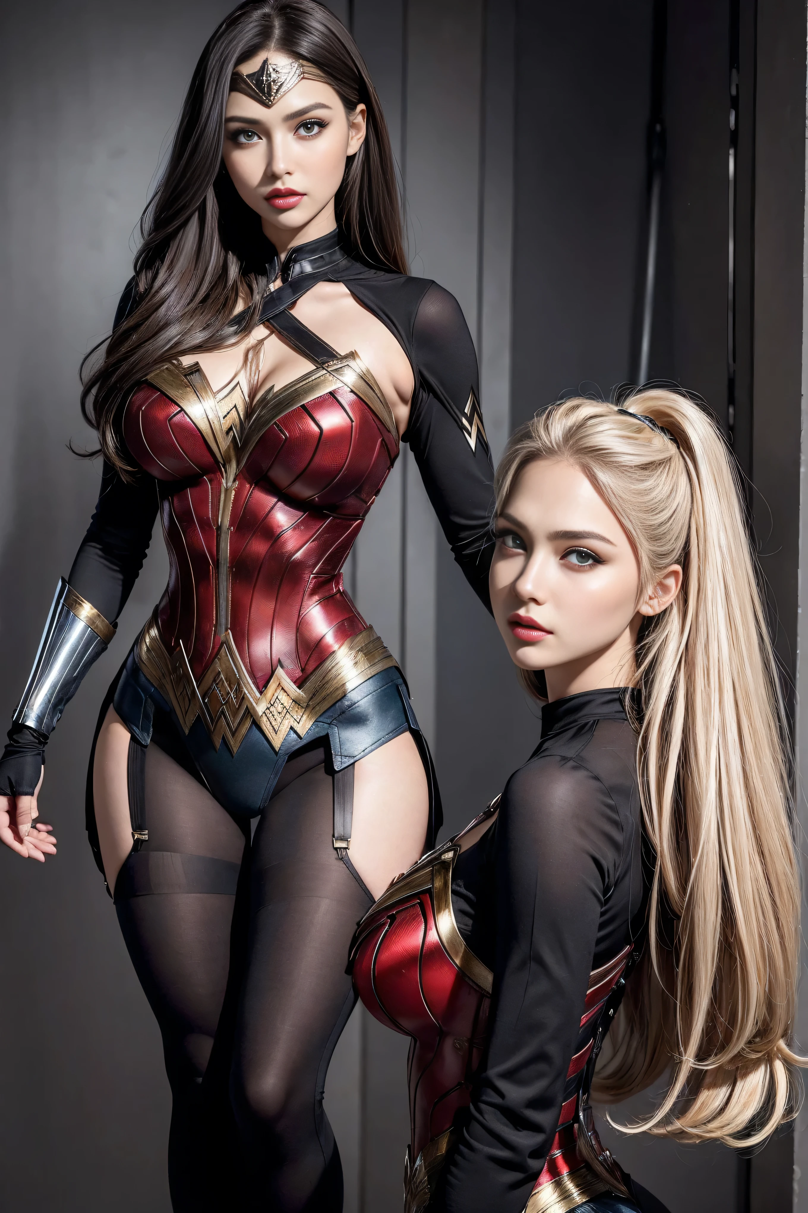 1 girl, (((17 years))), (((Perfect body))), masterpiece, best quality, 8K, Extremely detailed skin texture, Extremely detailed fabric texture, Beautiful and delicate face, (((Extremely beautiful))), Intricate details, Extremely detailed, ((Black Widow in Superman style)), (((Curly Blonde))), Extremely beautiful blonde, (((Extremely detailed long hair))), big red hairtie, Ponytail, Dynamic poses, ((Clothes that show thighs)), (Extremely detailed legs), ((shorts)), ((skirt)), (((Wide hips))), (Extremely detailed thick thighs), Sexy, Seductive pose, (((Extreme hourglass figure))), Extremely detailed deep red lipstick, Extremely detailed lips, Extremely detailed blue eyes, Beautiful appearance, (Slanted eyes), Extremely detailed provocative mouth, Extremely beautiful seductive lips, blush, Professional Makeup, Eyeshadow.