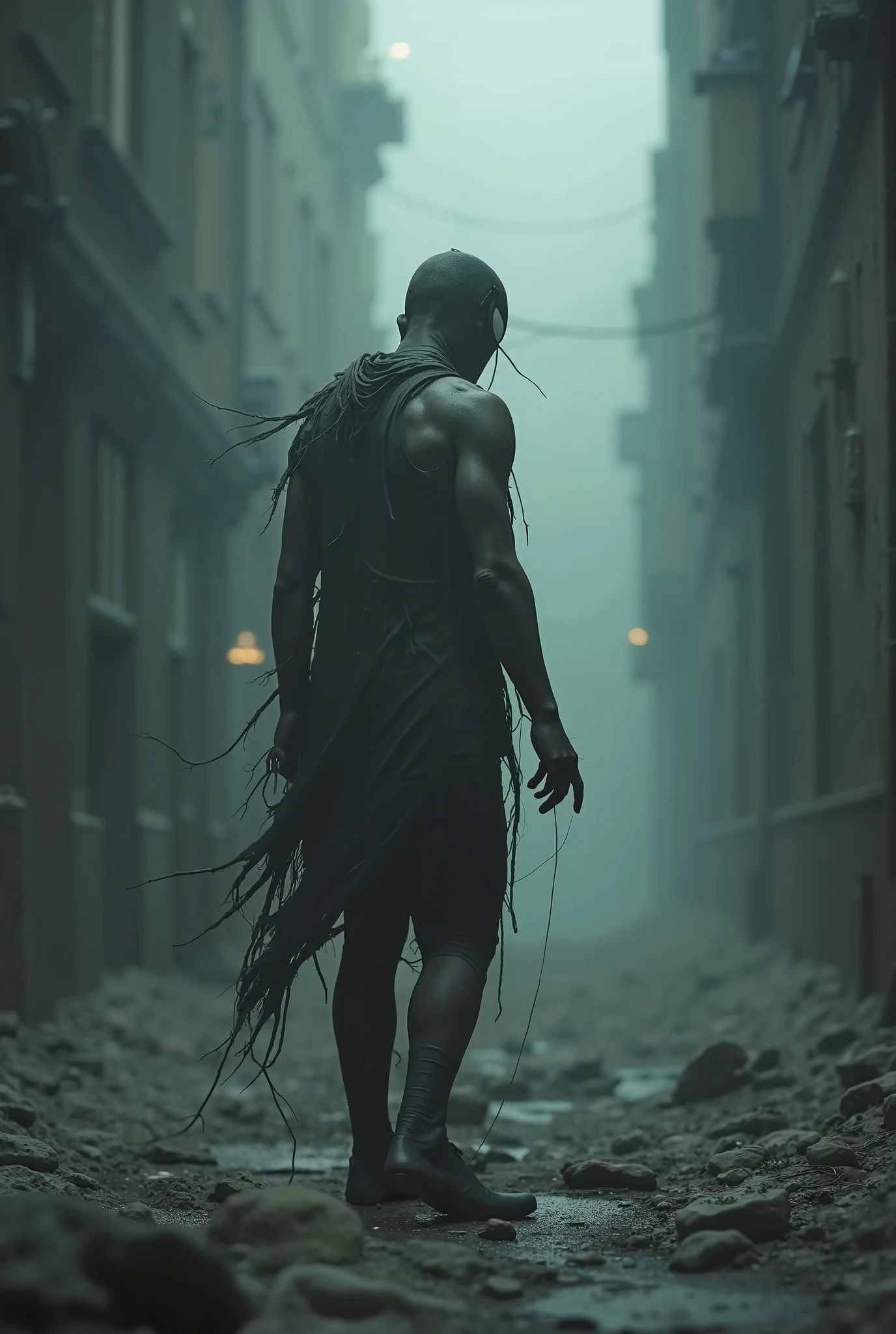 Arafed man walking down a street in a city with a lot of debris - SeaArt AI