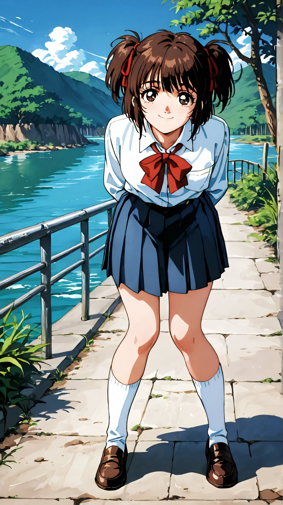 kayo,dark brown eyes,dark brown hair,two side hair,shoulder-length short hair,hair tied thin red ribbons,school uniform,white collared shirt,thin short red necktieribbon,navy blue short pleated skirt,white socks,loafers,tareme,downturned eyes,labiomental sulcus,nose shadow,lower lip shadow,masterpiece,best quality,amazing quality,ultra detailed, very aesthetic,highres, beautiful detailed hair, beautiful detailed eyes, beautiful detailed face,beautiful,super detailed skin, perfect anatomy,score_9, score_8_up, score_7_up, source_anime,retro art style,realistic,smile,whole body,by the river,river side