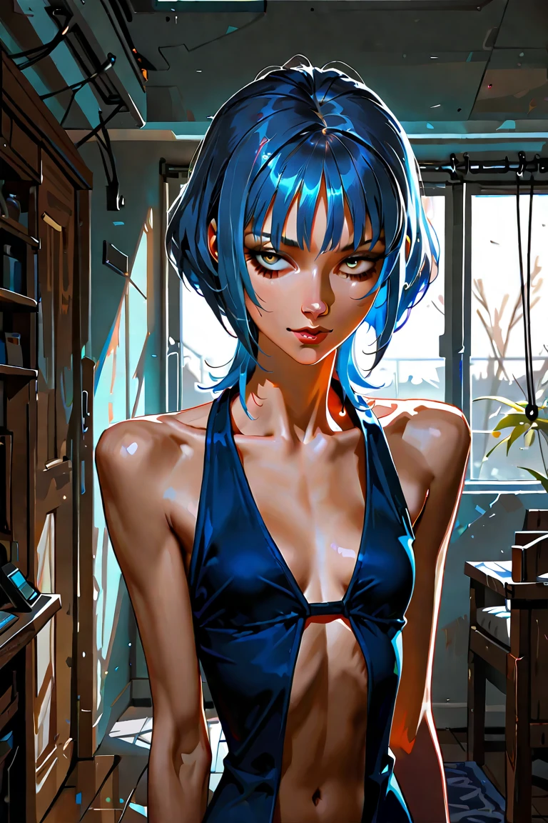 melhor qualidade, highres, bulma, 1girl, android 18, solo, cabelo azul marinho, olhos azuis, cabelo curto, brincos, joias, seios grandes, sbikini