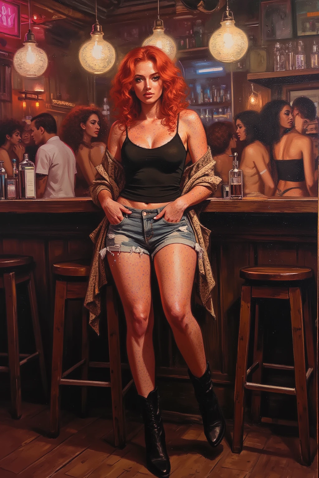 in a pub, very sexy, tight miniskirt, very tight clothes, small breasts, redhead, smiles,(art inspired by Bill Sienkiewicz). oil painting)