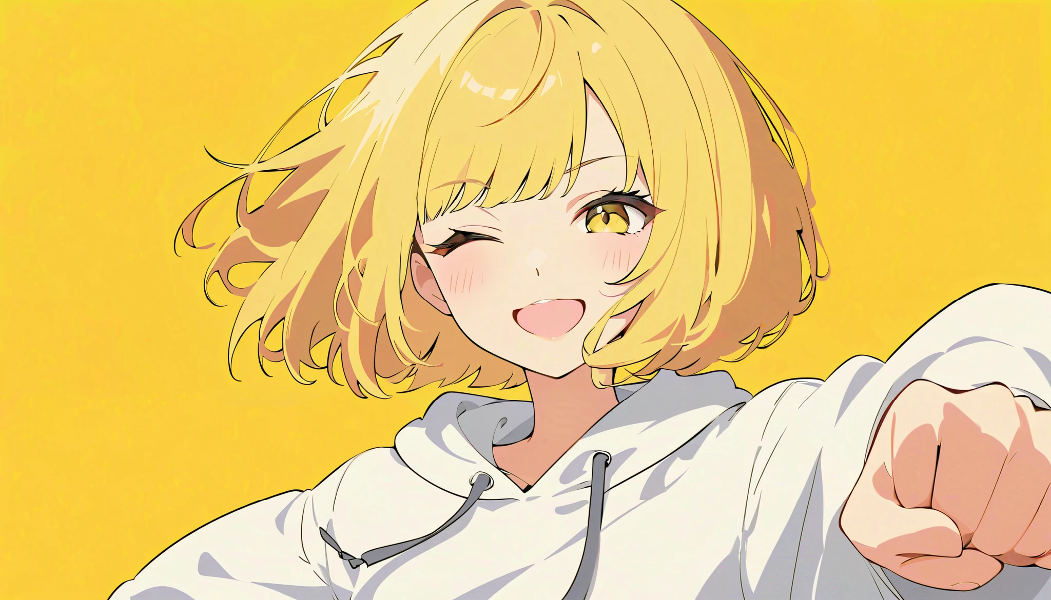 flat color,
1girl, solo,
yellow hair, bob cut, yellow eyes,
:p, wink, punch to the viewer, upper body,
hoodie,
simple background, yellow background,