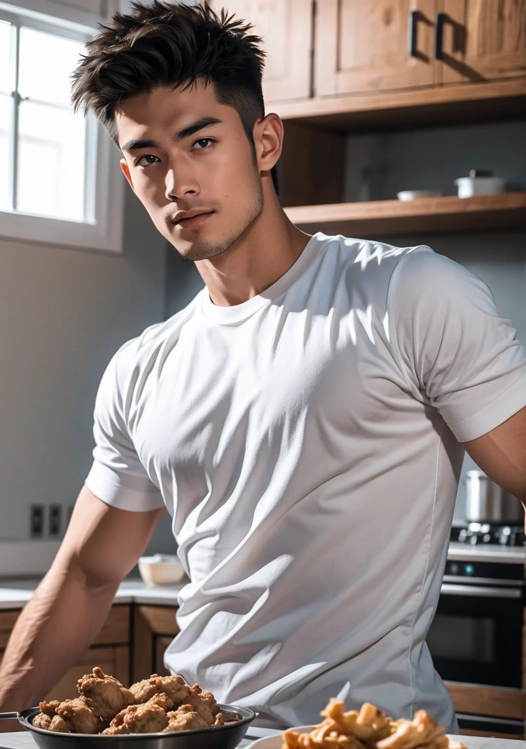 Muscular Asian guy , Wear only white shirts, jeans., A muscular young man., beautiful young male model, Comfortable pose, Portrait of a 25 year old boy, Casual, realistic photography in the kitchen