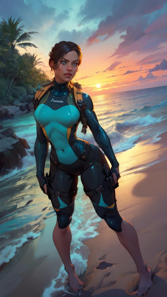 fashioned space cowgirl in desert, short hair, cleavage. highly detailed clothes. slutty girl, mila kunis