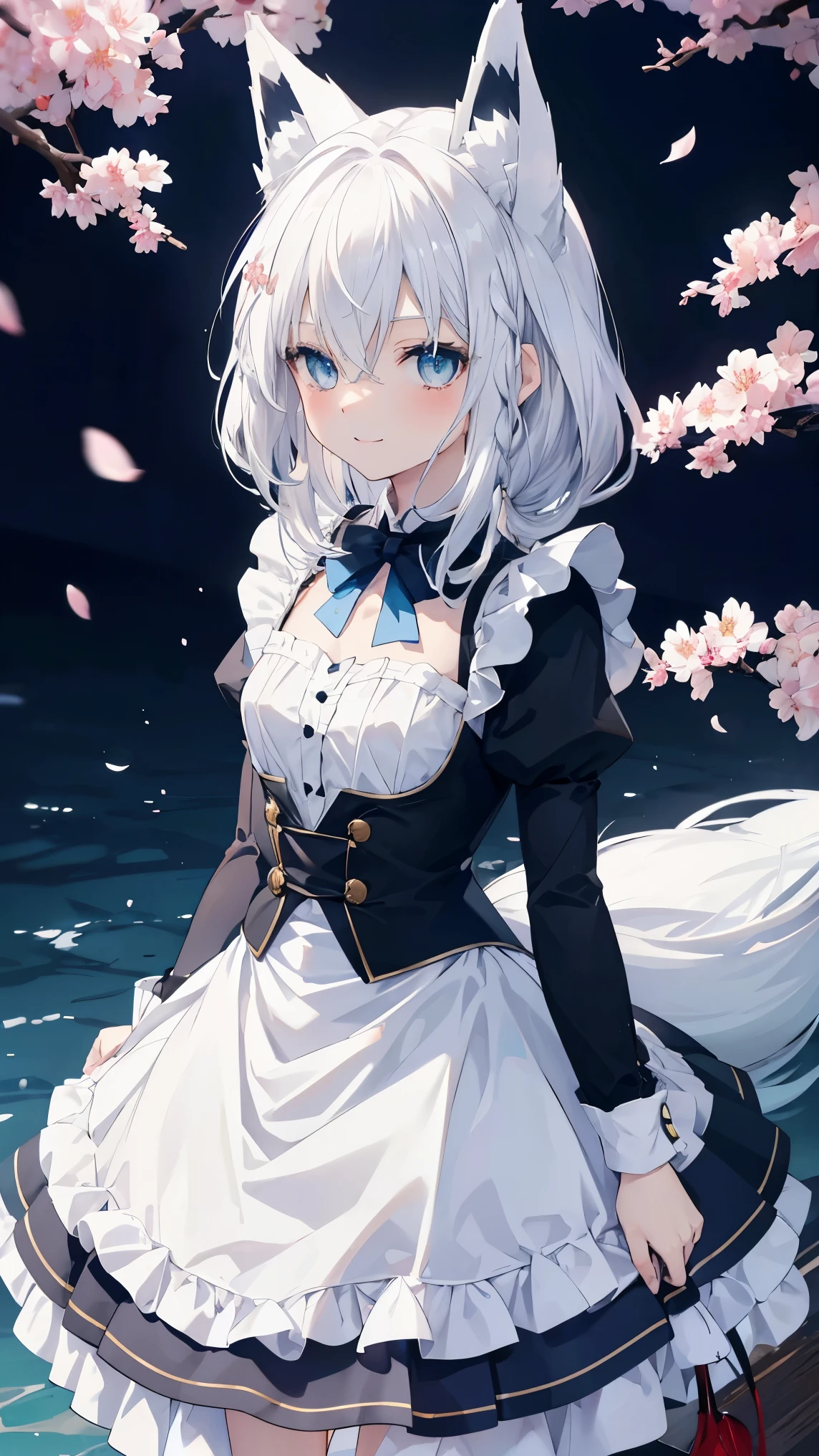 top quality、、(Whitening skin,)、 Silver Hair、light blue eyes,Petite、slender、(,maid clothes, frill,),cherry blossoms,smile, fox ears,Fox Tail,,toned body,