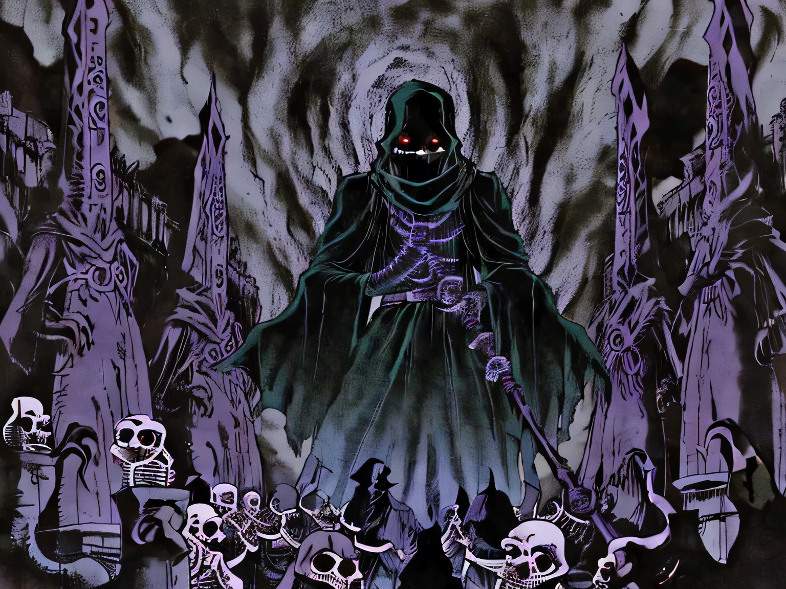 Description : A sinister necromancer shrouded in a ragged black cloak, com olhos brilhando em um tom spectral green. Her face is pale and , with runic marks engraved on his skin. He holds a staff of bones with a pulsating purple jewel, channeling necromantic magic. Ghostly spirits float around him, and an army of skeletons rises from the shadows. The setting is a ruined cemetery, shrouded in a greenish haze and illuminated by a macabre moonlight.
color palette : Dark tones — black, purple, spectral green, aged silver
Expression: Cold, Cruel, manipulator
Extra Elements: Brilliant Runes, , distorted shadows