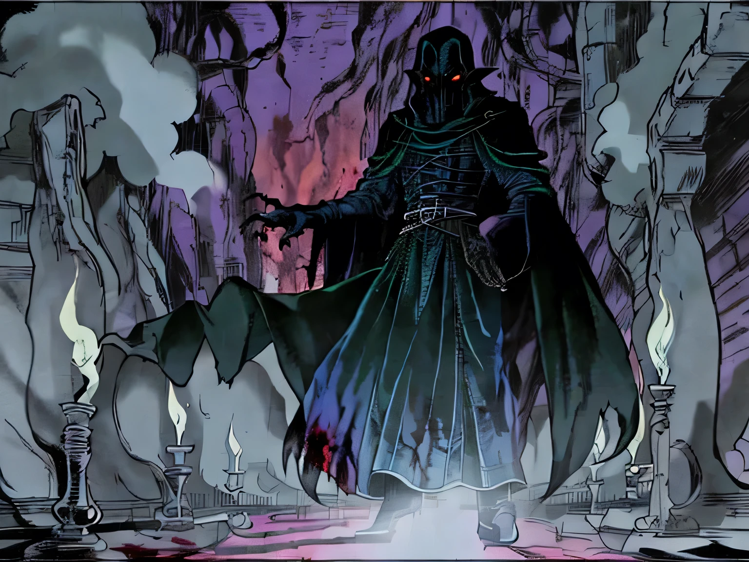 Description : An aristocratic vampire with a menacing presence. His skin is pale as marble, e seus olhos reds brilham na penumbra. He wears a black nobility costume with velvet details and a long scarlet silk cape. His slender hands hold a blood-filled gold cup. The setting is a shady castle , with Gothic stained glass windows and chandeliers illuminating the dark hall.
color palette : therefore, red, talk, dark blue
Expression: seductive, arrogant , expression
Extra Elements: bats flying in the background , mist, Melting candles
