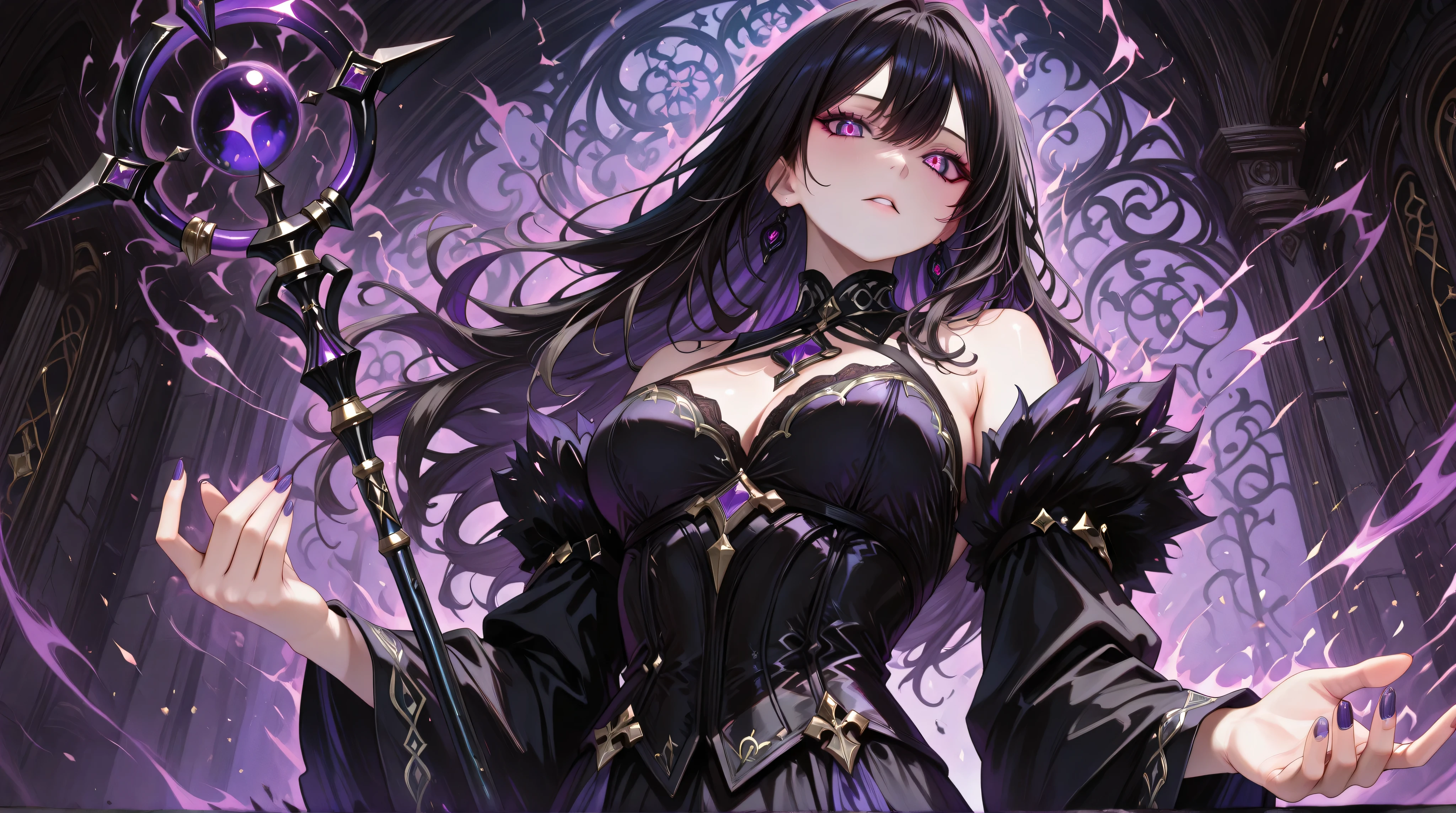 ((masterpiece, best quality, 8k))A captivating artwork of a darkly enchanting female character in a shadowy, magical setting. She wears dark and magical clothes in black and purple, perfectly matching her mysterious aura. Her short black hair and crimson eyes exude an intense beauty. She wields a dark staff, emanating a foreboding power.