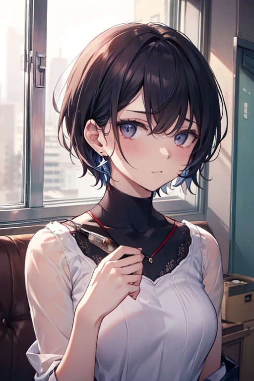 highest quality、masterpiece、boyish:1.3、(( on the face、raise your hand)、((elevatorの中:1.4、elevator)、high school girl、panties、Panty shot、squat、hairpin、8k、24 year old female、red tide、A little bit of my bra is visible through the gap in my clothes........、((boyish:1.3、very short hair:1.2、black hair、scared face、glare:1.3、Kamimei:1.4)、blue eyes、close angle、close to subject、Angle from a high position、higher perspective、