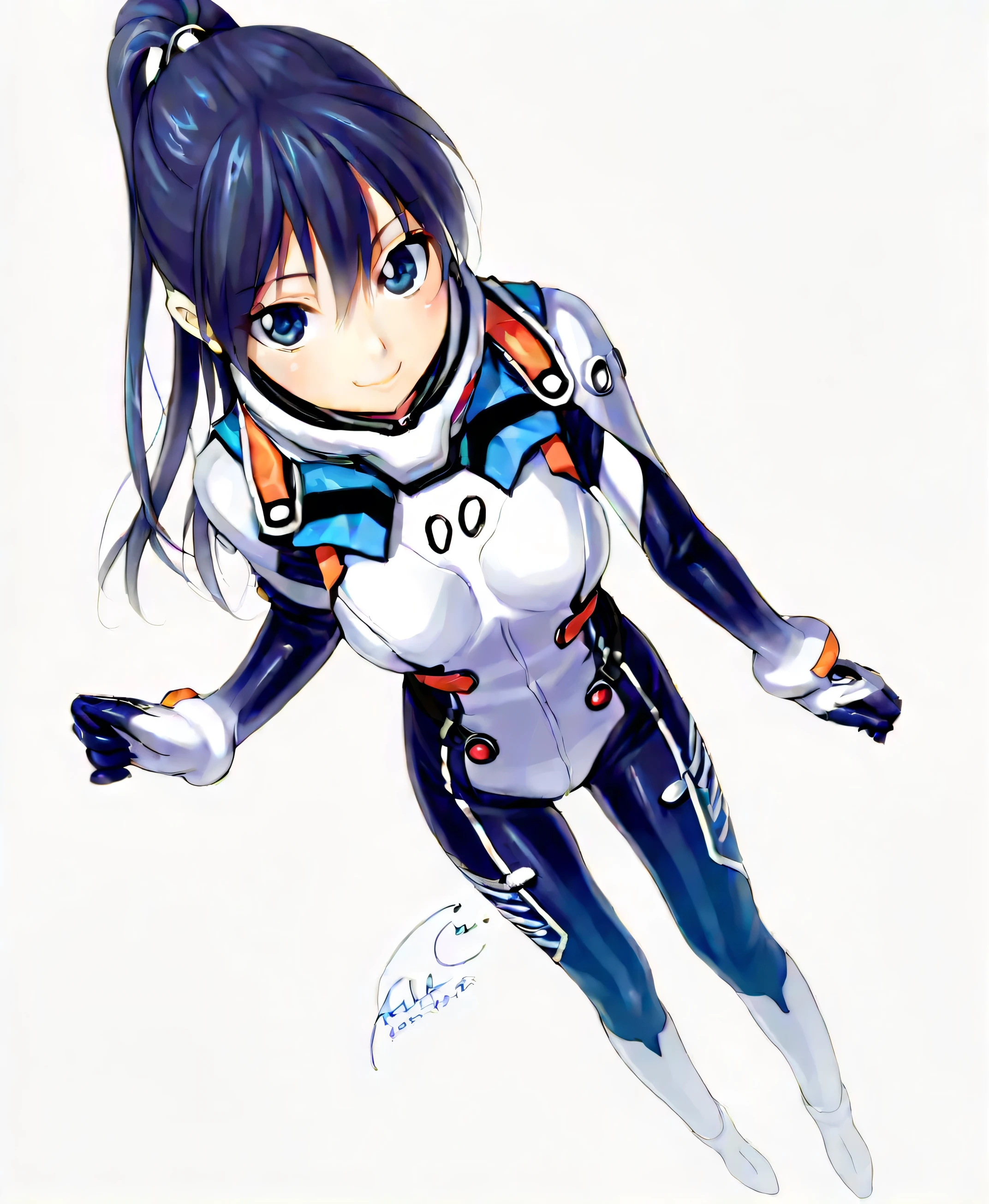 (masterpiece、 top quality、 highest resolution 、 Clear Images 、 Detailed Images、 The angle is from above ): ( one Japanese woman 、 High Ponytail、 Friendly Smiles。 dark blue hair 、 Sparkling blue eyes 、( white and navy blue pilot suit (Enamel Finish )、white and dark blue tight clothing (Enamel Finish )、 that conceals your legs 、 White and dark blue thigh-covering pants 、 white and dark blue shoulder cover 、 wear dark blue fitted pants that hide legs 、Armor to hide the chest、 dark blue fitted innerwear that conceals legs 、Completely conceals the chest )、 very delicate and beautiful、More、 slender body、exoskeleton、 cute、 kind smile、 soft impression 、heroine、white and navy hard boots、 elbow length gloves、 Active Action )、( simple background、 white background:1.5)
