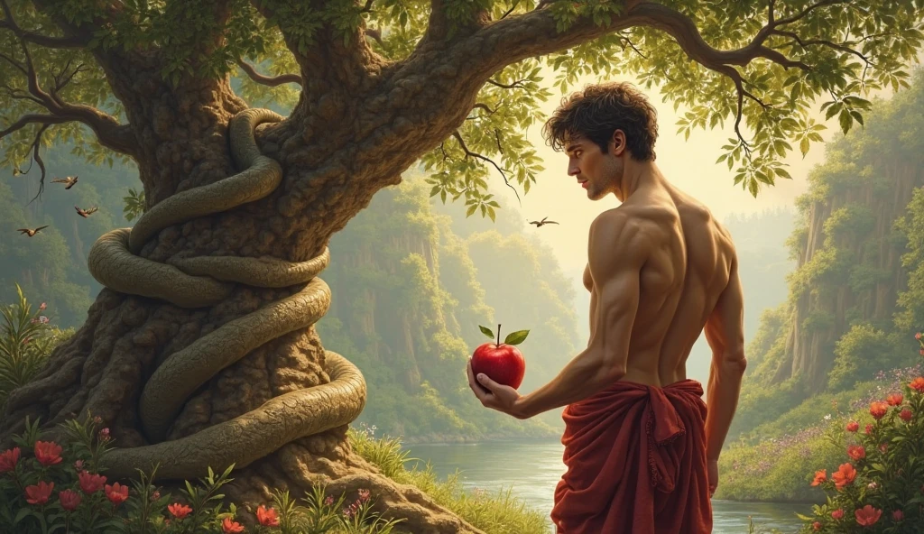 a half-naked man covered in leaves, eating an apple surrounded by many trees and a serpent tempting him in the Garden of Eden