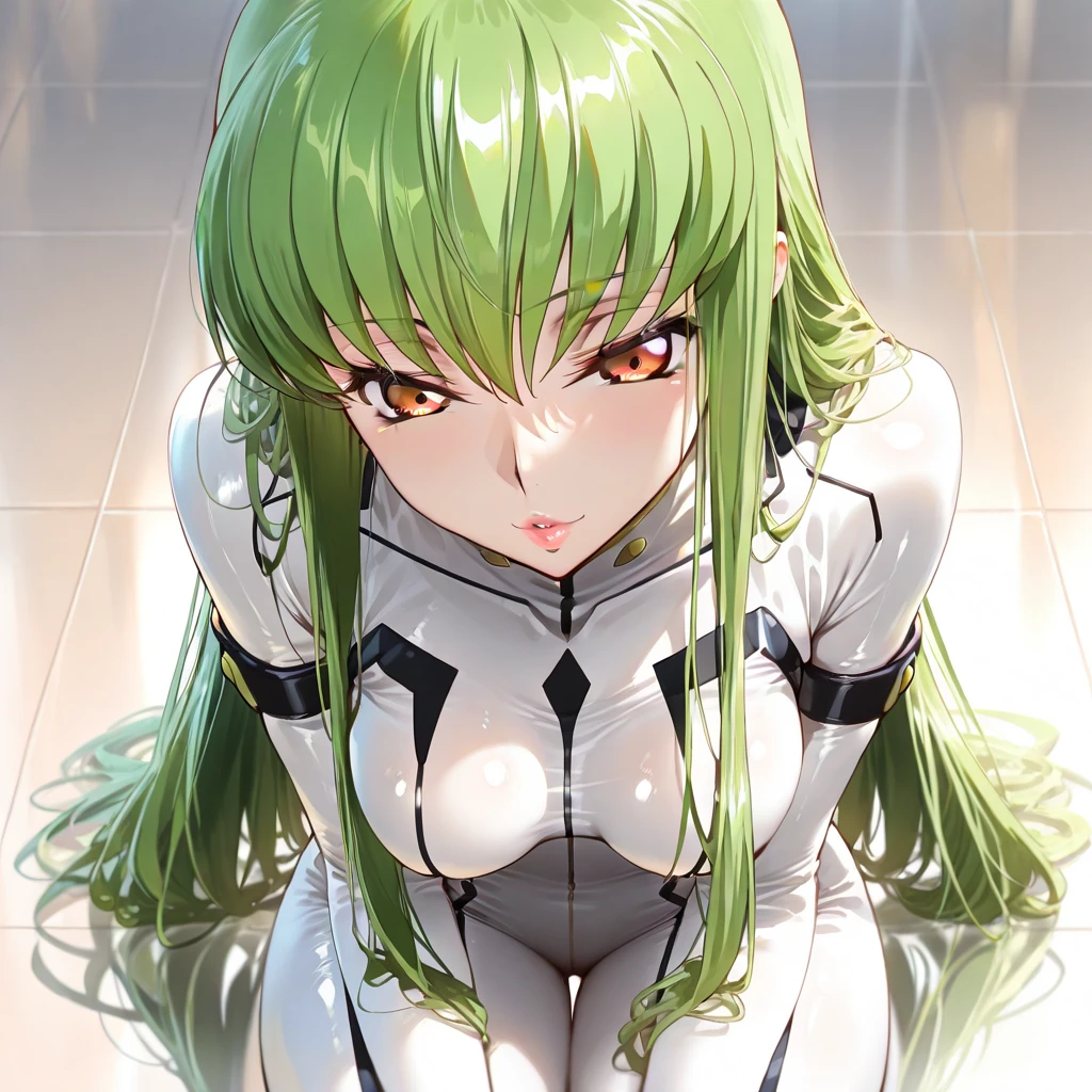 (masterpiece, best quality, detailed), 1girl, solo, looking at viewer, c.c., yellow eyes, green hair, long hair, bangs, medium breasts, straitjacket, white bodysuit, white shoes, water, partially submerged, from above, afloat, shallow water, parted lips, lying, on back, long sleeves, wide sleeves,