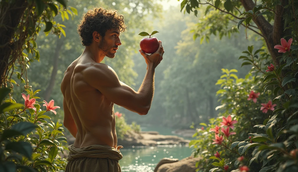 a beardless man, half-naked, covered with leaves, biting an apple surrounded by many trees and a large snake coiling around him, tempting him in the garden of Eden, in the darkness