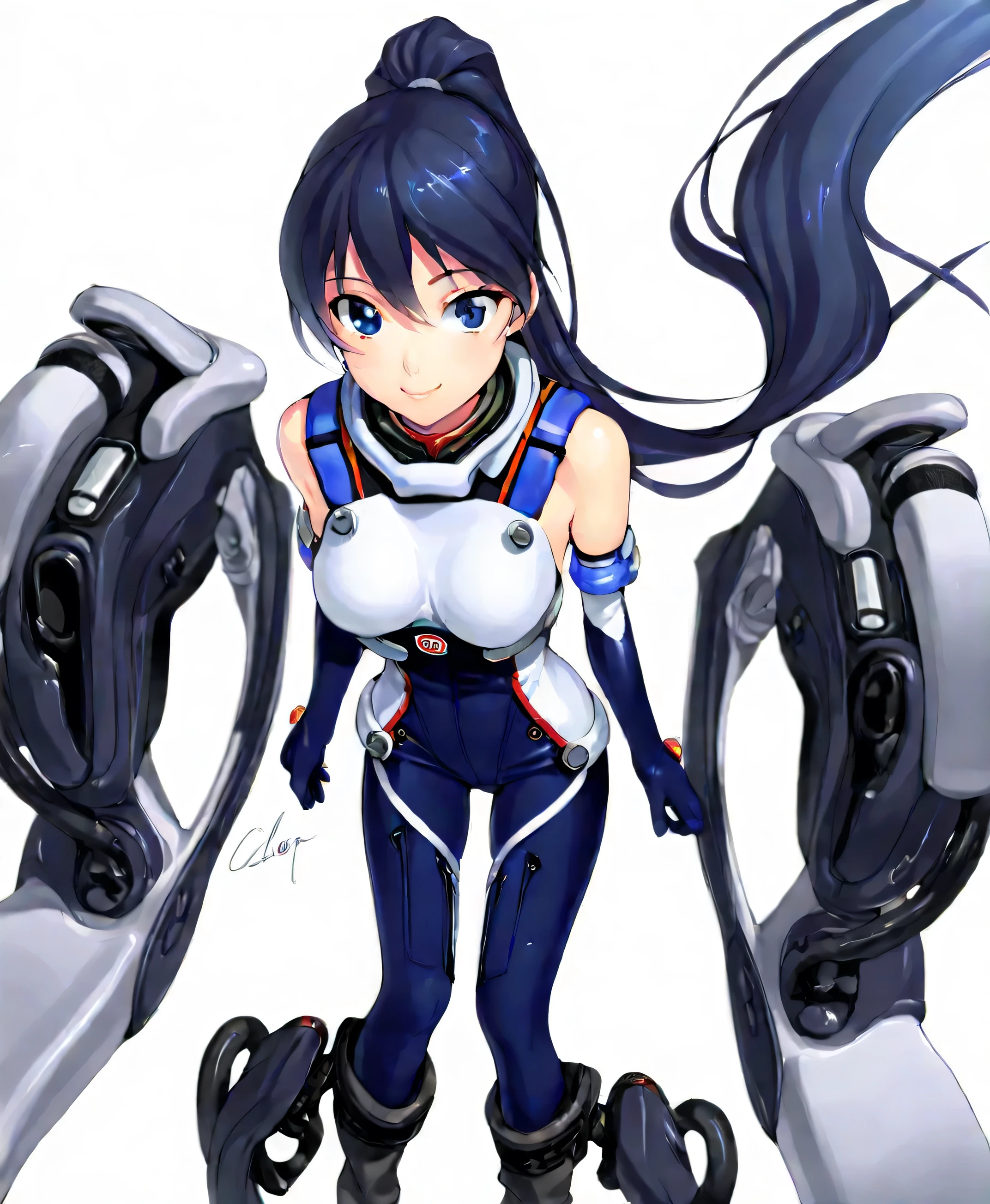 (masterpiece、 top quality、 highest resolution 、 Clear Images 、 Detailed Images、 The angle is from above ): ( one Japanese woman 、 High Ponytail、 Friendly Smiles。 dark blue hair 、 Sparkling blue eyes 、( white and navy blue pilot suit (Enamel Finish )、white and dark blue tight clothing (Enamel Finish )、 that conceals your legs 、 White and dark blue thigh-covering pants 、 white and dark blue shoulder cover 、 wear dark blue fitted pants that hide legs 、Armor to hide the chest、 dark blue fitted innerwear that conceals legs 、Completely conceals the chest )、 very delicate and beautiful、More、 slender body、exoskeleton、 cute、 kind smile、 soft impression 、heroine、white and navy hard boots、 elbow length gloves、 Active Action )、( simple background、 white background:1.5)