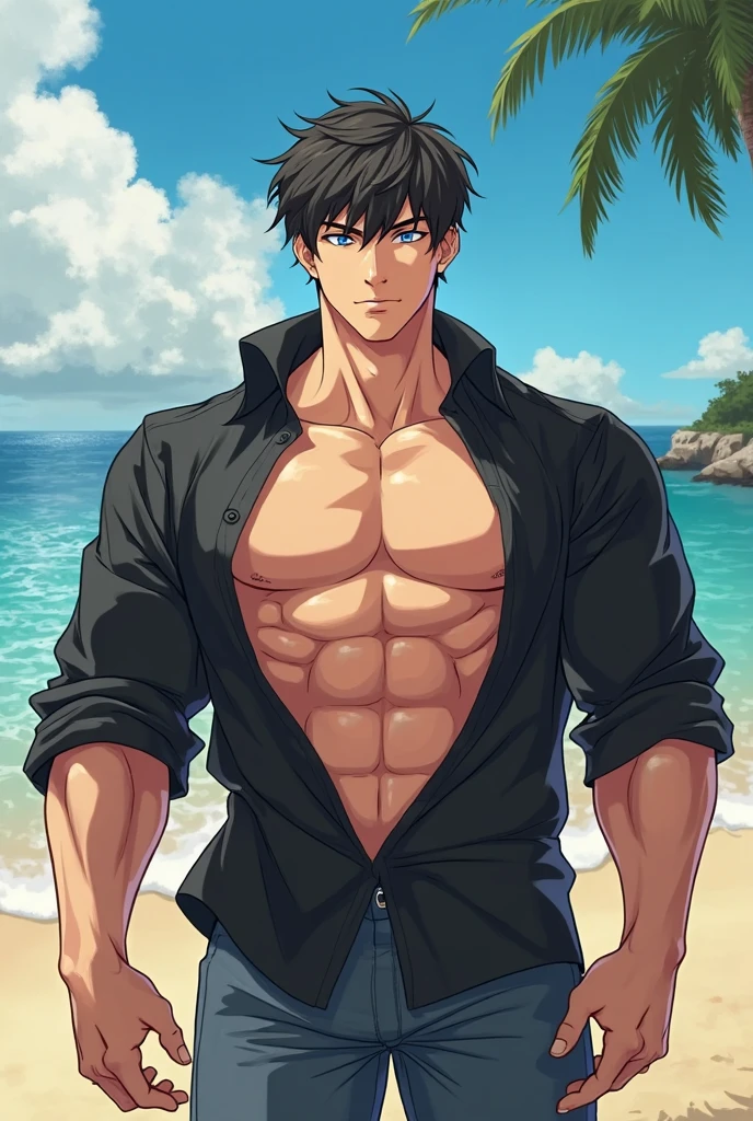 hand behind head,masterpiece, best quality,topless male, scar, hands on hips, sea, sand, tropical island background, <lora:Wriothesley:0.9> wriothesley, 1boy, black hair, multicolored hair, short hair, blue eyes, jewelry,black belt,grey pants,animal ears, <lora:1more_details:0.8>, muscular, standing, upper body, beach, palms, sea, seaguls,