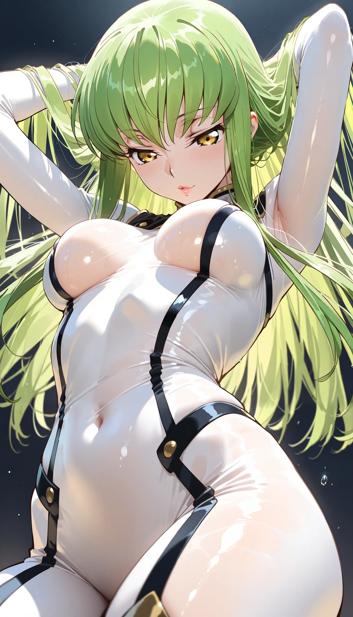 1 mechanical woman,green hair,yellow eye,very long straight hair,swept bangs,huge breasts,orgasm,smile,saliva,parted lips,topless,bottomless,mechanical arms,mechanical legs,arms behind head,arms up,m legs,breast milk,pov,cowgirl position, sweat,pussy juice,vibrator,woman's masturbation,on bed,