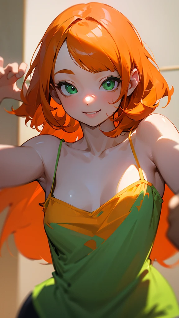 super high image, super detail, super high resolution, lip focus, cute girl, flat chest, moist lips, focus on lips, ecstatic expression, amorous expression, seductive smile, light-orange hair, messy wild short hair, green sparkling big eyes, glossy eyeshadow, shiny skin, white bandana, choker, bakery, modern look, semen
