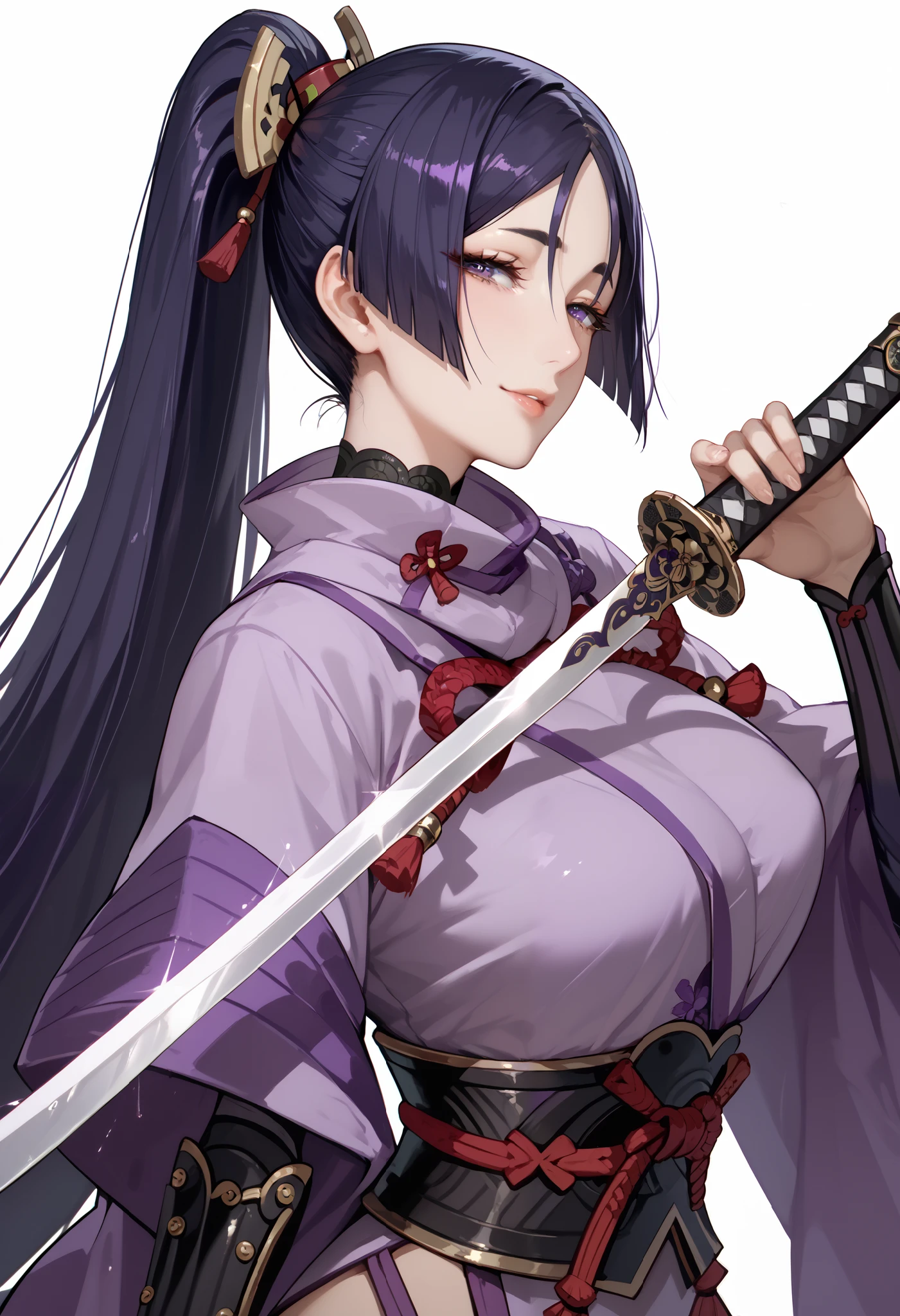 Sexy raikou,purple samurai , purple bodysuit, sword, holding sword, nodachi, long katana, seducing face, giant ponytail