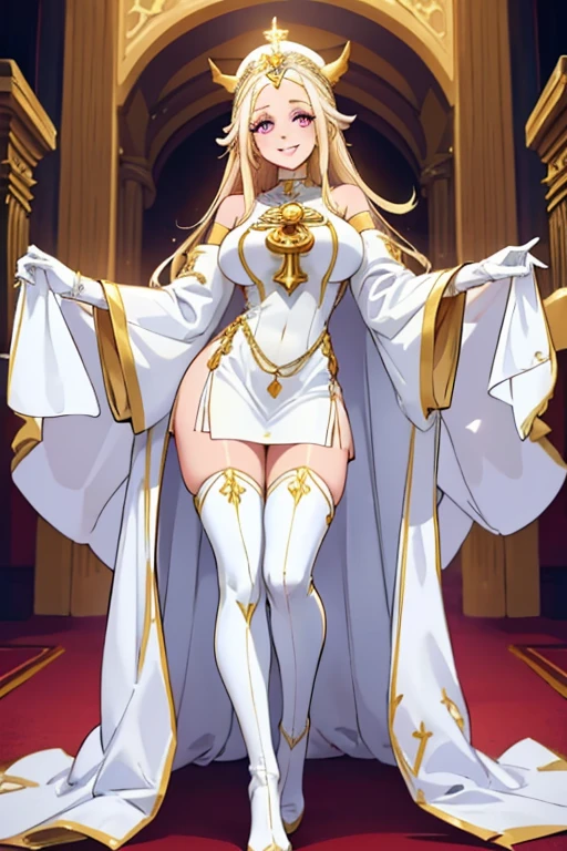Violet Evergarden, tmasterpiece, Best quality at best, 1个Giant Breast Girl, Alone, Blonde hair, eBlue eyes, woven, hair between eye, looking at viewert, Be red in the face, ('s_ssmile), wedding gown, White dress, the bride, whitegloves, wedding veil, White stockings, see through, )), spread, ((on the body, in, on top, Camel toes)), , Renders, twinkle