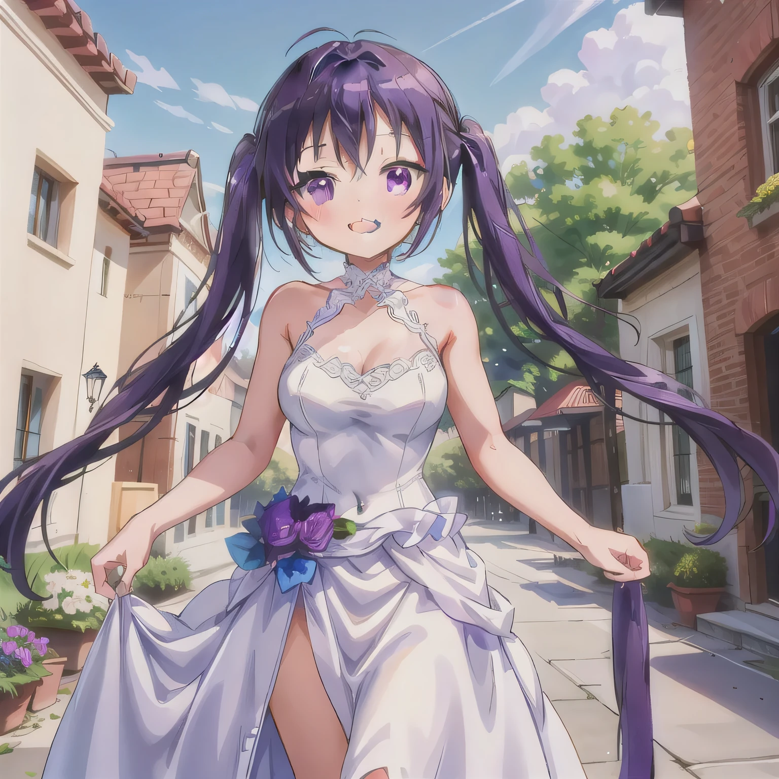 A breathtakingly beautiful 20-year-old woman stands in the courtyard of a luxurious mansion beneath a clear blue sky. She wears a white and blue wedding dress, holding a red bouquet gracefully in front of her chest. Her radiant smile and joyful expression exude pure happiness. Purple hair, long hair, twin tails, purple eyes.