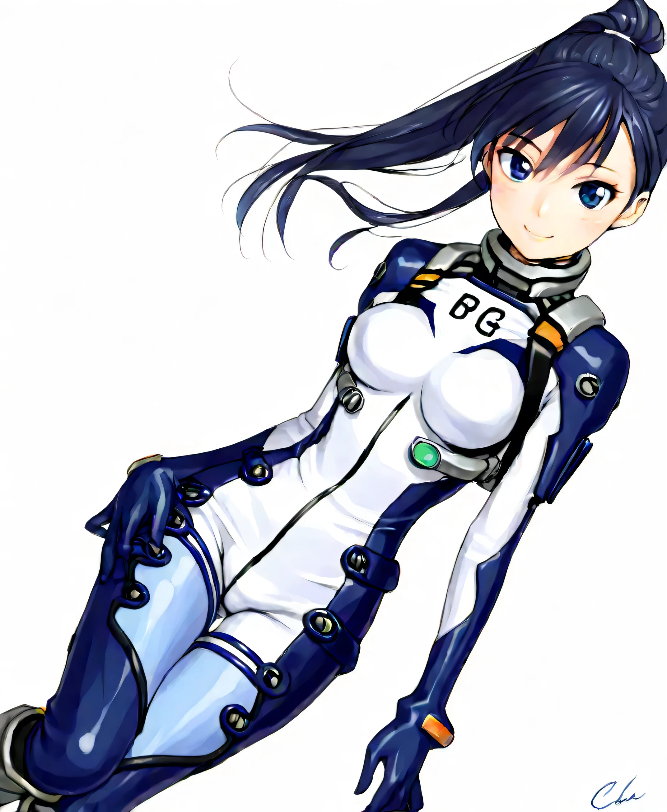 (​masterpiece、 top quality、 highest resolution 、 Clear Images 、 Detailed Images、 The angle is from above ): ( one Japanese woman 、 High Ponytail、  Friendly Smiles。 dark blue hair  、 Sparkling blue eyes 、(  white and navy blue pilot suit （Enamel Finish ）、white and dark blue tight clothing （Enamel Finish ）、 that conceals your legs 、 White and dark blue thigh-covering pants 、 white and dark blue shoulder cover 、 wear dark blue fitted pants that hide legs 、Armor to hide the 、  dark blue fitted innerwear that conceals legs 、Completely conceals the   )、 very delicate and beautiful、More、 slender body、exoskeleton、 cute、 kind smile、 soft impression 、heroine、white and navy hard boots、  elbow length gloves、 Active Action  )、( simple background、 white background:1.5)