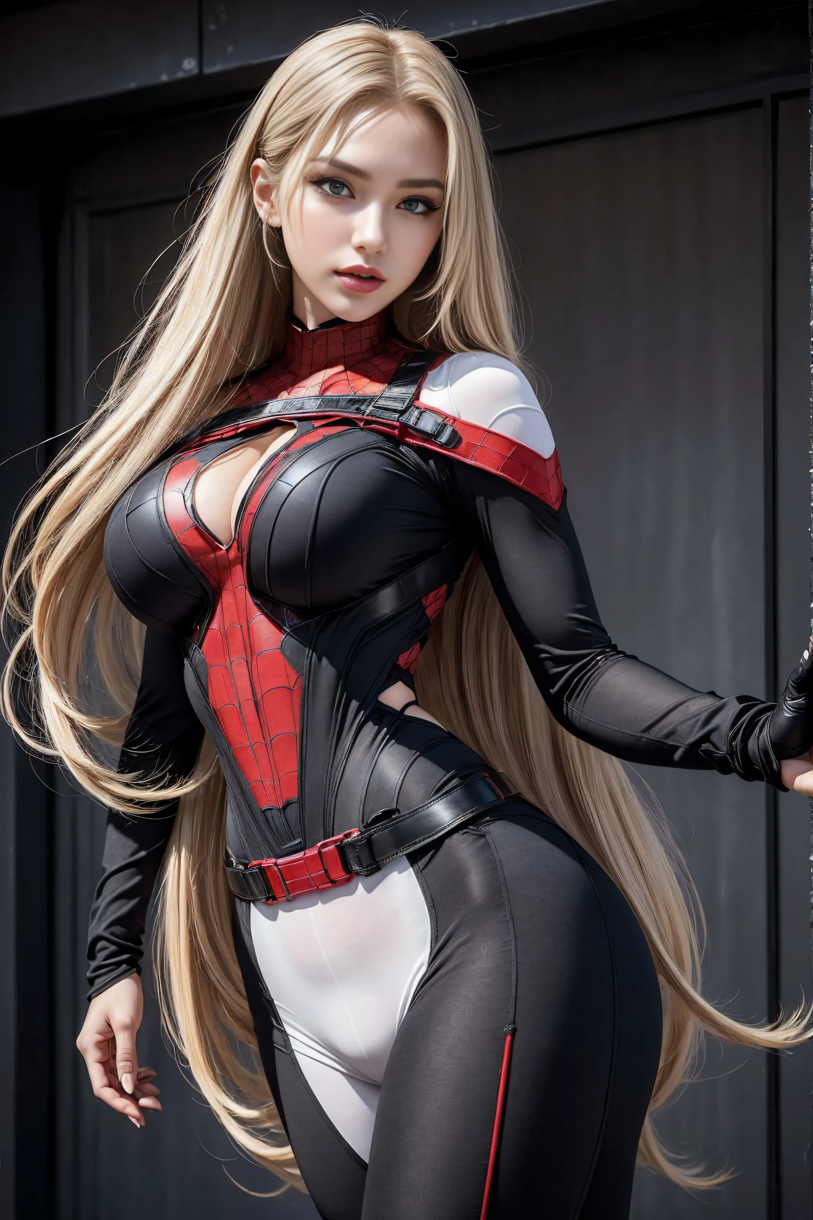 Beautiful female Spider-Man,long hair flowing,blond hairbl, , Spider-Man uniform bikini, , Blue eyes,Bigchest,The face is well lit,cleavage,16k,Camel toes,cinmatic lighting,detailed back ground,beatiful detailed eyes,Bright pupils,(Very fine and beautiful),(Beautiful and detailed eye description),ultra - detailed,tmasterpiece,))Take aphrodisiacs,Lewd expression,She's wet,facing at camera,Leakage out of the breast,Expose the lower body,nakeness,leering,Protruding underparts,Camel toes,cleavage,legs are open,Rained。35yo