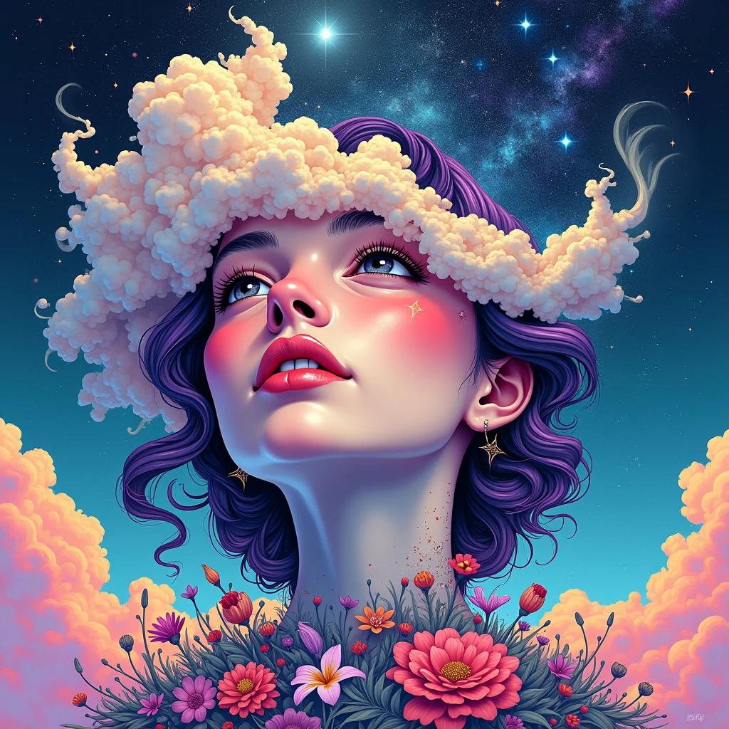 A beautiful fantasy style painting of a beautiful nude red haired woman with big messy hair, floating on a cloud gracefully laying on the cloud, wearing headphones, with moon light, twinkling stars and stardust, vibrant and colorful, full body shot, looking down at a small city at night, cityscape, colorful stardust, fantasy art style, rossdraws cartoon vibrant, cute detailed digital art, colorfull digital fantasy art, digital fantasy art ), glossy digital painting, rossdraws pastel vibrant, rossdraws 2. 5, rossdraws 1. 0