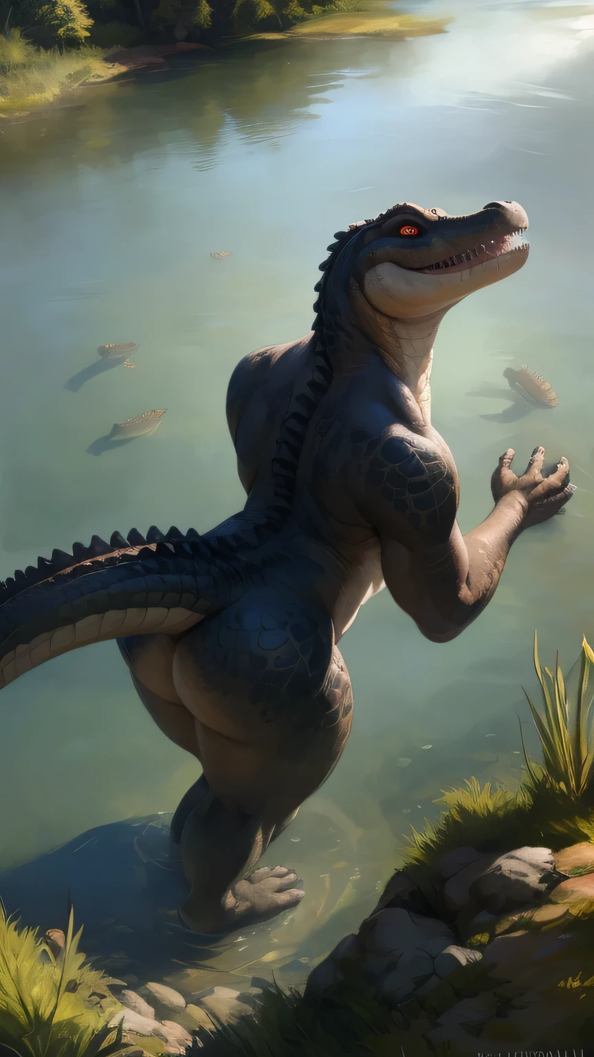 (high quality, masterpiece, 8k) anthropomorphic, woman, dinosaur, highleg leotard, sexy, scaly, furry, claws, sharp teeth, thicc, muscular, scales, busty, hair, Tyrannosaurus, fierce,Trex_Dinosaur, therapod,standing, bend over, beach, close up view, butt view (((presenting_hindquarters))) (ultra detailed), a beautiful and detailed full size portrait of a female anthro lizard, reptile (((cyan body, cyan skin))), smirk, looking at viewer, dragon eyes (((blue eyes))), detailed eyes, (((black navy panties)), big body, goddess, kenket, Ross Tran,ruan jia, trending on artstation,foxovh, cenematic lighting, detailed background,ultra detailed), a beautiful and detailed full size portrait of a open mouth, blush, She drowns in the water, swims in the water next to the waterfall, all undressed, wide thighs, no clothes, all wet Grabbing my fat ass My fat fat wide ass covers the screen and my big bare tits I'm so wet there's water everywhere