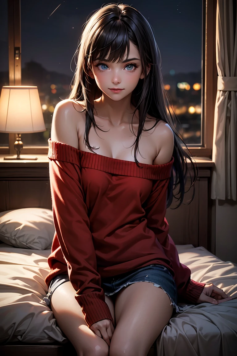 masterpiece, best quality, high resolution, Very detailed, Smile, Woman with long black hair and bangs, Bright blue eyes, Beautiful girl looking at camera, Front view, ((Off-shoulder sweater)),((Light red sweater)),barefoot, night, Indoor Warmth, Image illuminated by small lights, Writing border depth