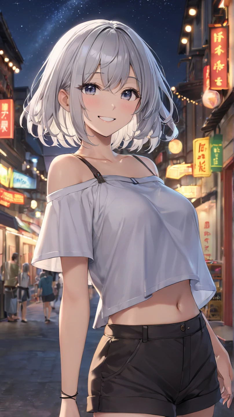 ((topless)), anime girl with short white hair and yellow eyes posing in a hallway, restaurant door, night, sidewalk, lamp post, outdoors, seductive anime girl, perfect white haired girl, attractive anime girl, beautiful anime girl, cute anime girl, girl with white hair, smooth anime cg art, pretty anime girl, anime style 4 k, anime best girl, anime girl, 4k anime wallpaper, denim shorts, medium breasts, masterpiece, necklace, smiling, navel, hands up, short hair, nipples, stomach, smartphone, erect nipples, people in background