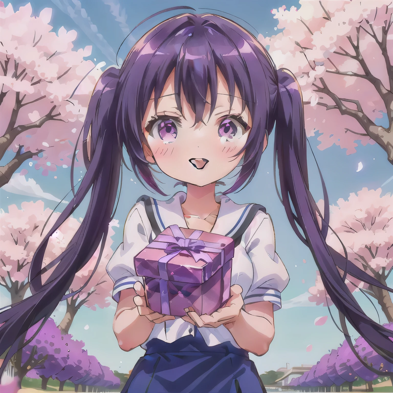 A breathtakingly beautiful 20-year-old woman stands in a lush park filled with cherry blossoms in full bloom beneath a clear blue sky. She wears a classic sailor uniform and gently holds a small, neatly wrapped gift box adorned with a red ribbon. Her radiant smile and joyful expression convey heartfelt happiness. Purple hair, long hair, twin tails, purple eyes.