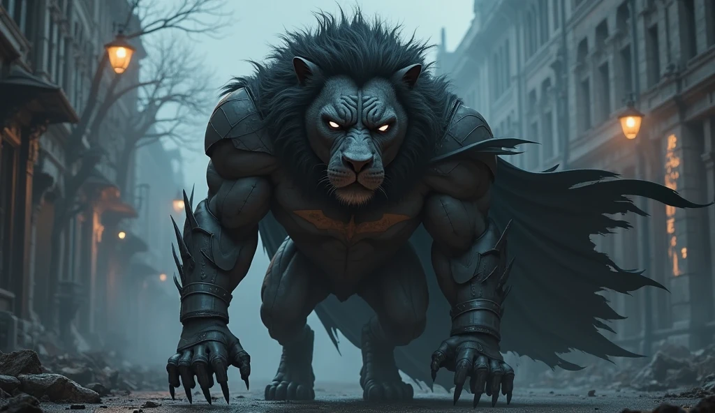 (best quality,16k,32k,highres,masterpiece:1.2),ultra-detailed,(realistic,photorealistic,photo-realistic:1.37),(The ultimate Orochi lion) Alone looking at the viewer serious expression bright red eyes Realistic background of a city on fire In the style of the king of fighters 98 full body Wearing an original outfit Open black wings
